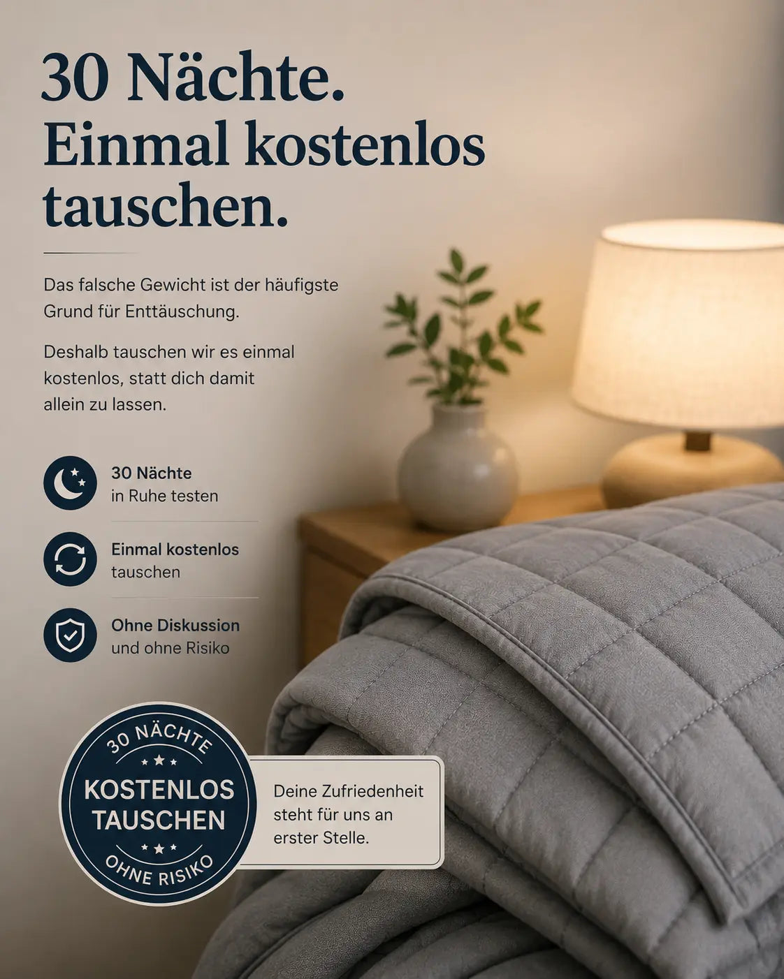 30 Nächte. Einmal kostenlos tauschen.